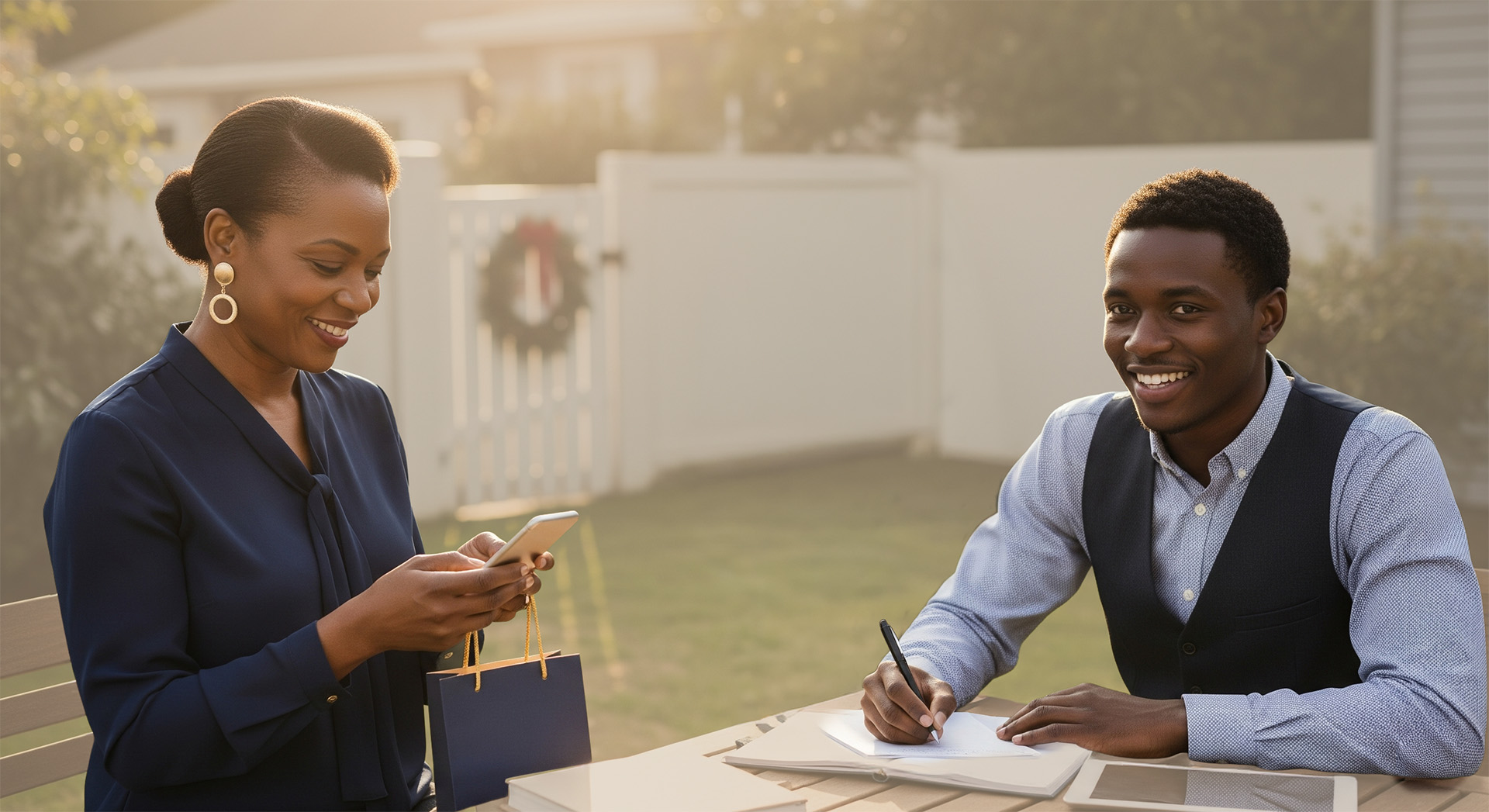 Woman calling for help beside a broken-down car; instant loan in time of need