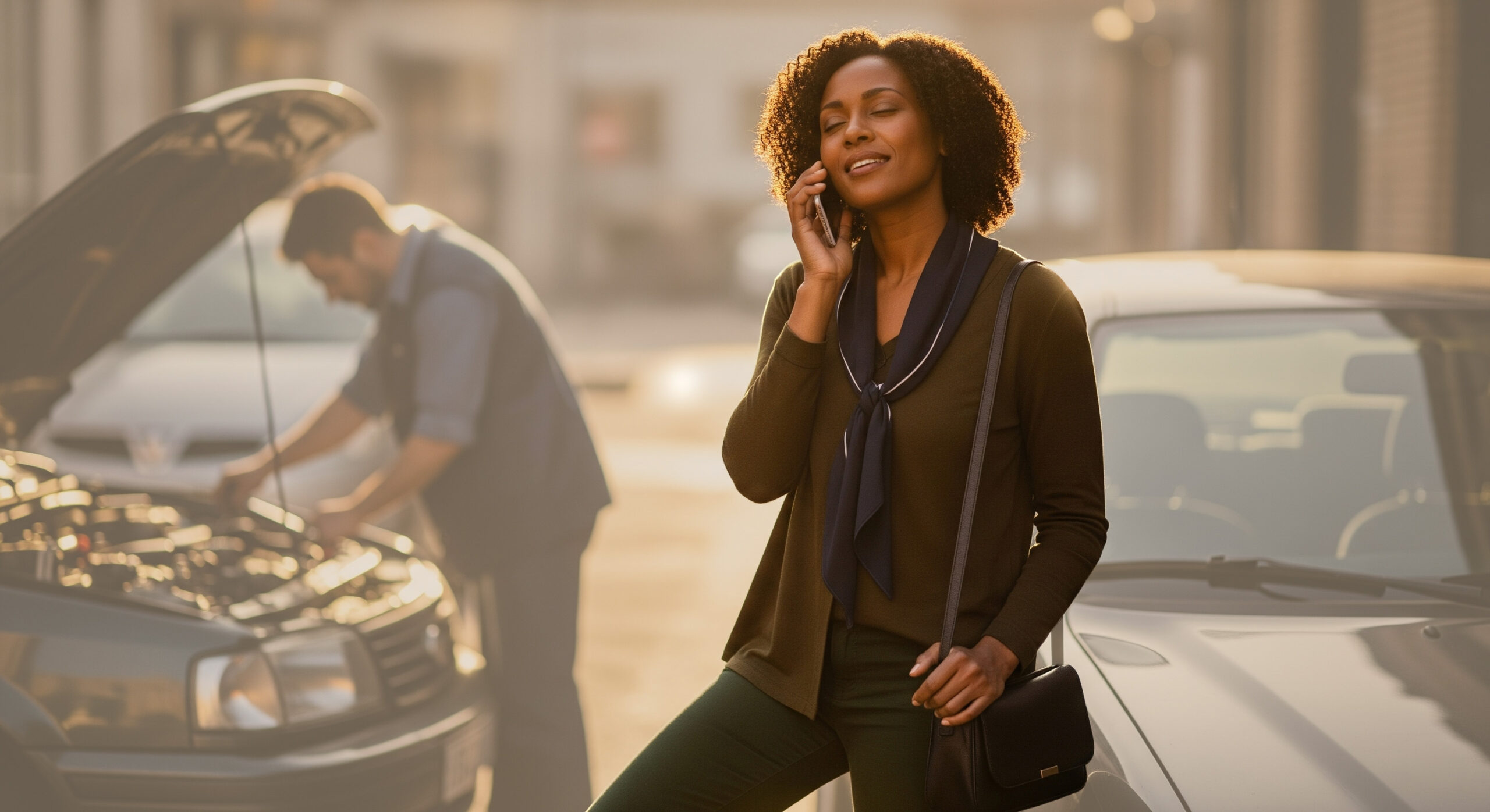 Woman calling for help beside a broken-down car; instant loan in time of need